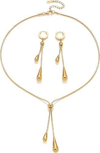 Women's Gold-Plated Teardrop Jewelry Set - Hypoallergenic Adjustable Necklace and Earrings - Simple and Elegant