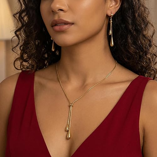 Women's Gold-Plated Teardrop Jewelry Set - Hypoallergenic Adjustable Necklace and Earrings - Simple and Elegant