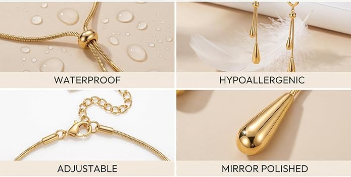 Women's Gold-Plated Teardrop Jewelry Set - Hypoallergenic Adjustable Necklace and Earrings - Simple and Elegant